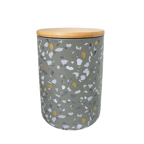 Pote Decorativo Porcelana Granulado Cinza Tampa Bambu 13cm
