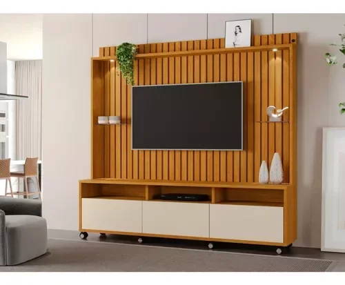 Estante Home Ripado Para Tv Até 65 Polegadas -3 Gavetas e Nicho com Leds -Rodizio -Carmolar -NATURAL