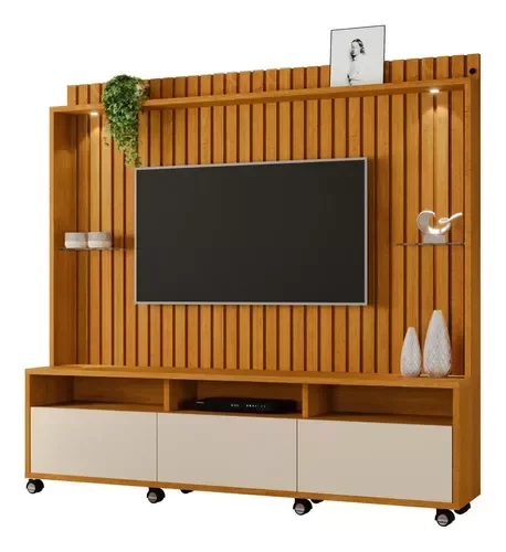 Estante Home Ripado Para Tv Até 65 Polegadas -3 Gavetas e Nicho com Leds -Rodizio -Carmolar -NATURAL - 2