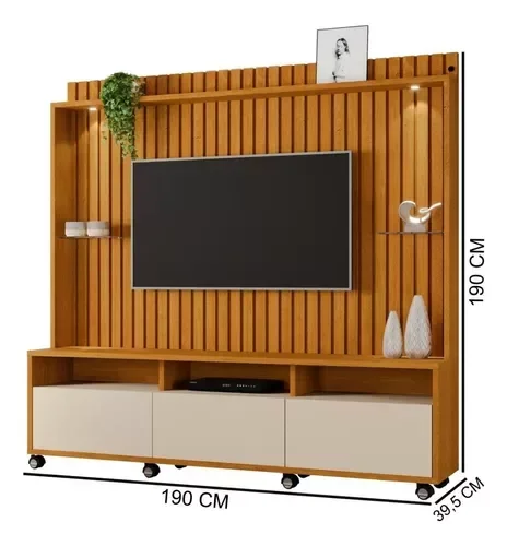 Ver imagem 4 de Estante Home Ripado Para Tv Até 65 Polegadas -3 Gavetas e Nicho com Leds -Rodizio -Carmolar -NATURAL