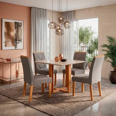 Sala de Jantar Mesa Flora Quadrada Mdf/vidro com 4 Cadeiras Fernanda Wood Cinamomo/off/mad/linho