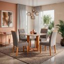 Ver imagem 1 de Sala de Jantar Mesa Flora Quadrada Mdf/vidro com 4 Cadeiras Fernanda Wood Cinamomo/off/mad/linho