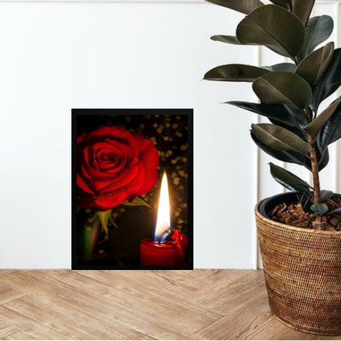 Quadro Umbanda Rosa e Vela Vermelha 24x18cm:madeira Branca