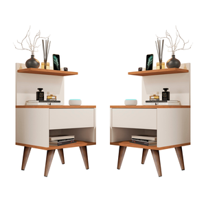 Kit com Duas Mesas de Cabeceira para Quarto com Gavetas Off White Freijo