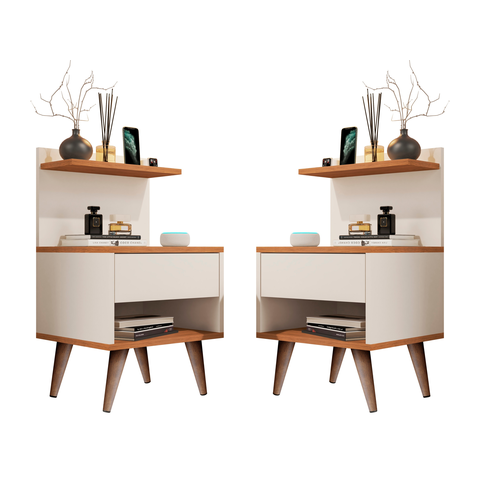 Kit com Duas Mesas de Cabeceira para Quarto com Gavetas Off White Freijo