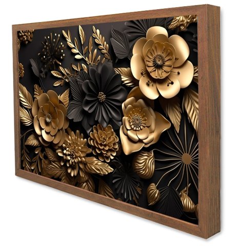 Quadro Decorativo Floral Luxo Flores Preto e Dourado em Moldura Caixa Tacolado Moldura Caixa 3cm Mad