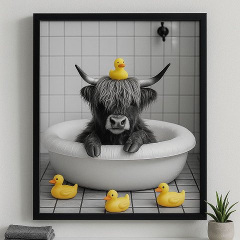 Quadro Divertido Banheiro Boi com Patinhos 45x34cm - com Vidro:moldura Preta