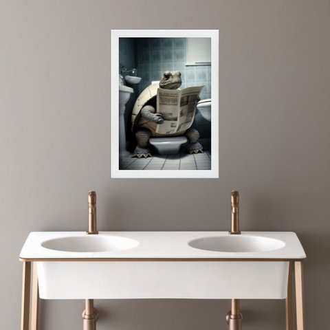 Quadro Banheiro Coleção Animais - Tartaruga 24x18cm - com Vidro:madeira Branca