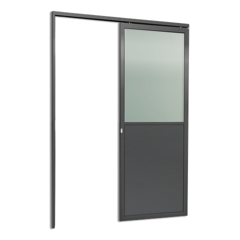 Porta de Correr Suspensa Meia Lambril Meia Vidro Esq L.25 Cinza 210x90 Brimak