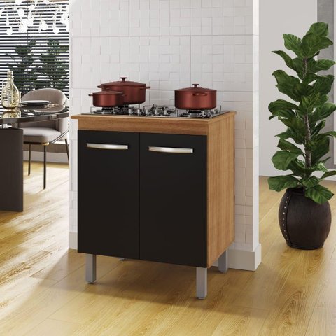 Balcão para Cooktop 2 Portas Armário de Cozinha Jade - Ssx Multicoisas Cor Savana/preto Tampo 5