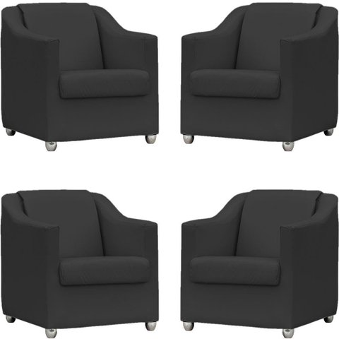 Kit 4 Poltronas Decorativa para Sala Manicure Recepção Mila Corino Preto Pés Plástico Cromado