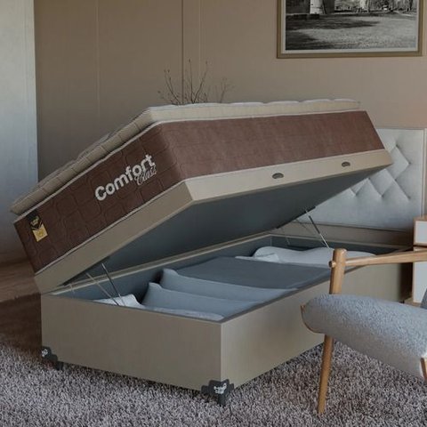Cama Box Baú Solteiro + Colchão Comfort Class Pillow Top Marrom/suede Bege