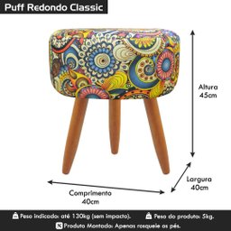 Puff Banqueta Redondo Para Sala Quarto Estampado Suede:Mosaico - 5