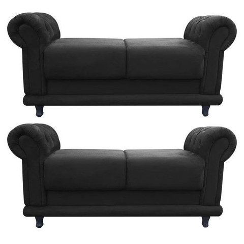 Kit 2 Sofá Retrô Barcelona Namoradeira Calçadeira Suede Preto - D'Rossi