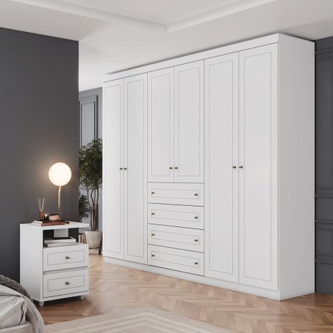 Conjunto Quarto Casal Guarda Roupa 6 Pts e 2 Mesas Cabeceira Americano Henn