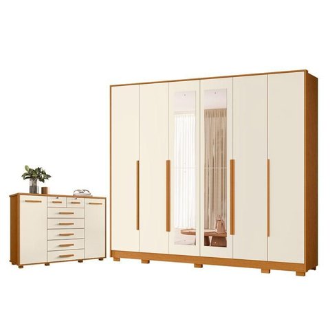 Guarda Roupa Casal Mercure com Espelho 6 Portas e Cômoda Fontana 02 Portas e 07 Gavetas Cinamomo