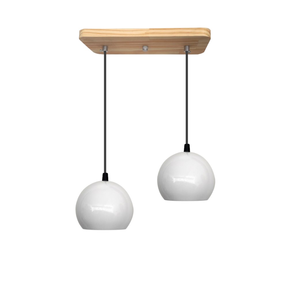 Luminária Pendente Cúpula Bola Suporte Madeira Pinus – Soquete E-27 – Abf Luminárias:branco