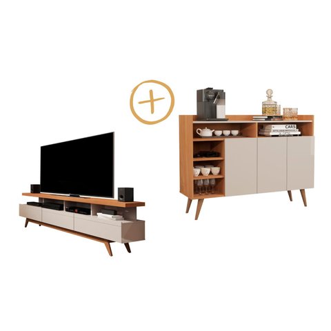 Conjunto de Sala com Buffet Aparador Celta e Rack para TV 70" Vivare Wood 1.8 Giga Móveis:Off White/