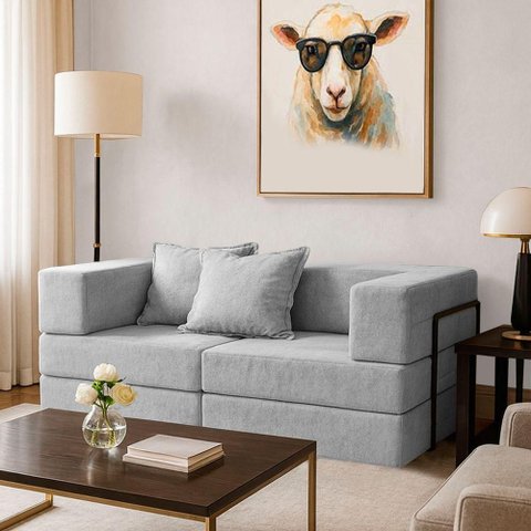 Sofá Cama Modular Mold Boucle Prata 2 Lugares Cinza Claro Veludo Loja Sheep