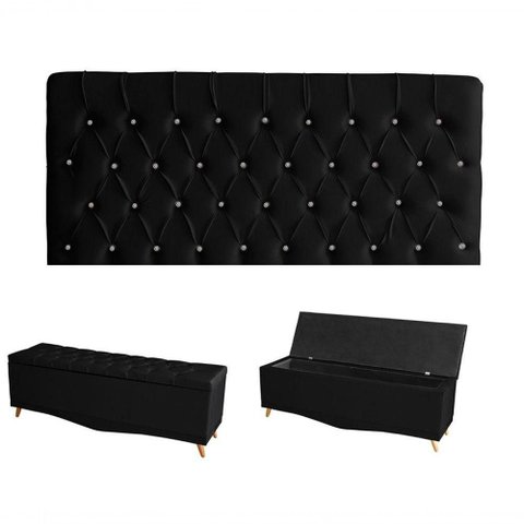 Kit Estrela Cabeceira de Cama Painel e Calçadeira Baú Botão Cristal King 195 Cm Suede Preto do