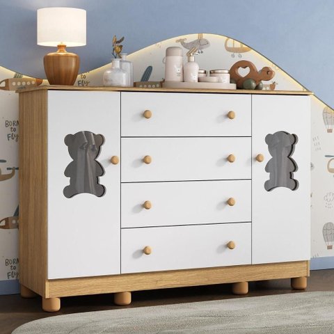 Cômoda Infantil 125cm 2 Portas com Vidro e 4 Gavetas Fofura Multimóveis Mp4485 Madeirado/branco