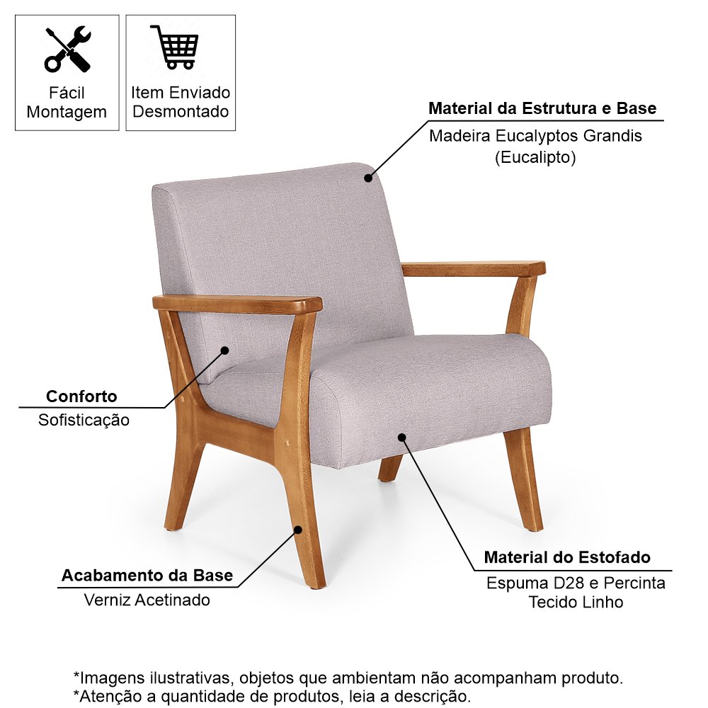 Conjunto de Poltronas Estofadas para Sala em Madeira Maciça Cléo Cinza Claro - Straub Web - 7