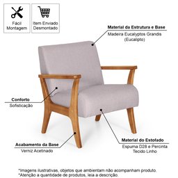 Conjunto de Poltronas Estofadas para Sala em Madeira Maciça Cléo Cinza Claro - Straub Web - 7