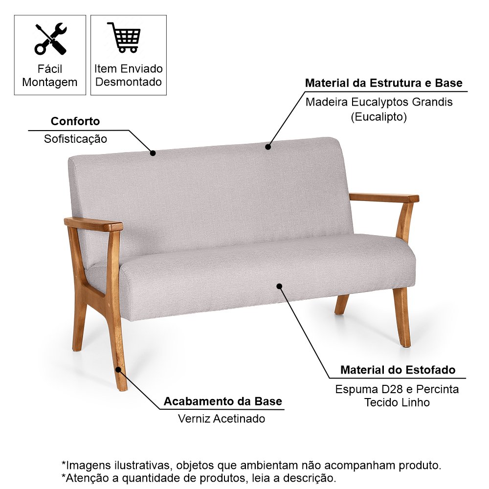 Conjunto de Poltronas Estofadas para Sala em Madeira Maciça Cléo Cinza Claro - Straub Web - 5