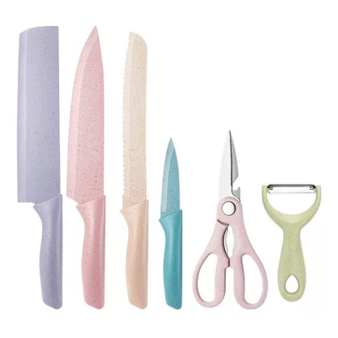 Jogo de Facas Coloridas Tesoura 6 Peças Kit Cozinha Chef