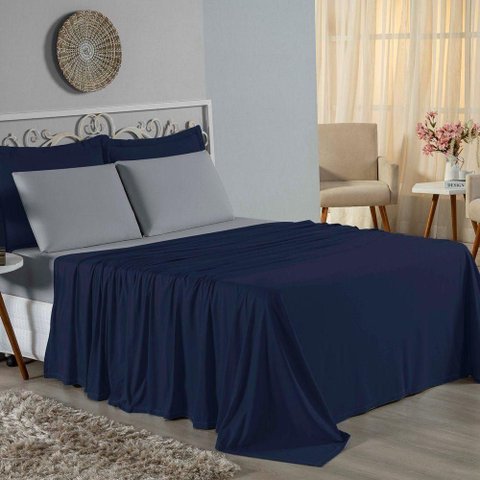 Jogo de Cama Casal Viúva Nobre 4 Peças Malha 100% Algodão - Azul-marinho / Cinza