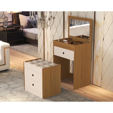 Penteadeira Cômoda 3 Gavetas C/espelho Banqueta - Nature