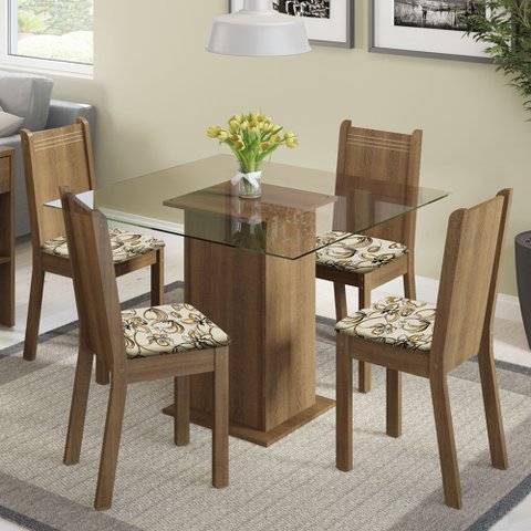 Conjunto Sala de Jantar Madesa Magda Mesa Tampo de Vidro com 4 Cadeiras Rustic/lírio Bege Cor:rustic