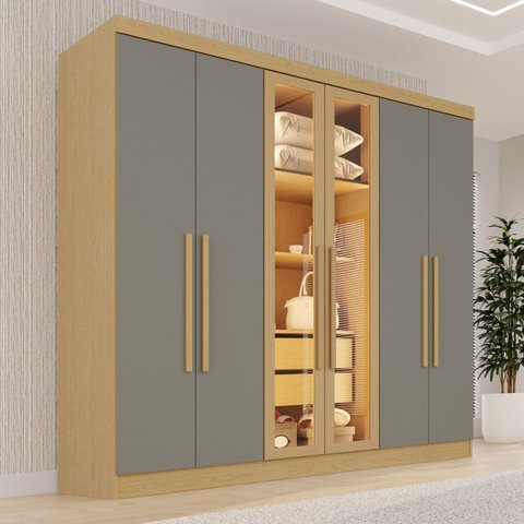 Guarda-Roupa Casal Reflecta com LED 06 Portas 02 Gavetas França Cinza/Jequitibá/Granizo