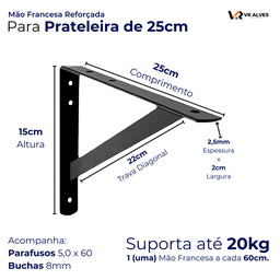4x Suporte Mão Francesa Reforçada Preta 25cm - 2