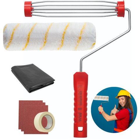 Rolo de Pintura Antirespingo + Suporte Garfo + Manta Lona Plástica 2mx4m + Lixa para Superfícies