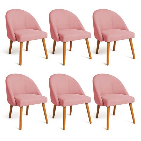 Kit 06 Cadeiras Poltrona de Jantar Lua Veludo Rosa Chiclete Pé Palito Dal Poz Estofados