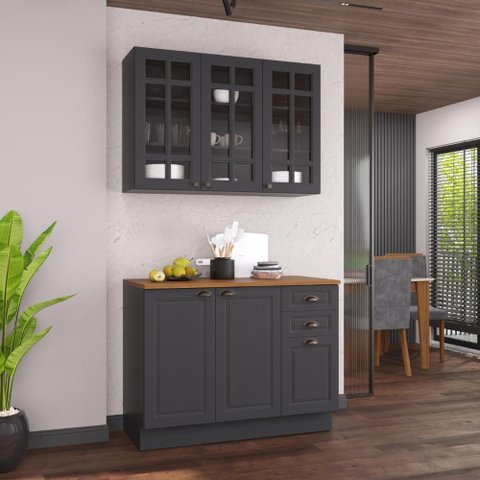 Armário de Cozinha Modulada Compacta Fidelitá Nara 100% MDF 2 Peças 120cm 6 Portas 2 Gavetas com