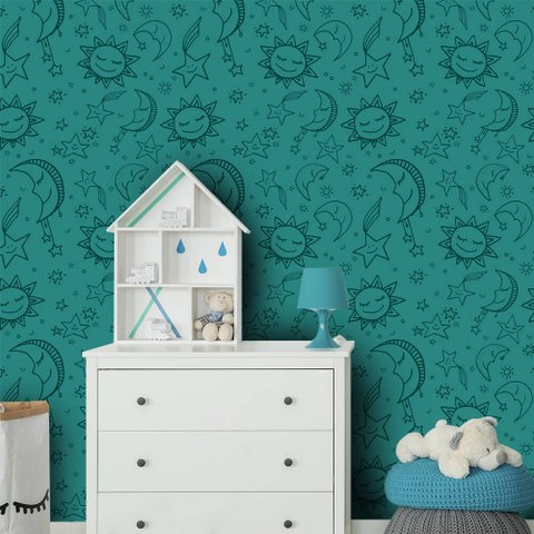 Papel de Parede Infantil - Lua, Sol e Estrelas 3 Arte Destaque 1,50 Metros