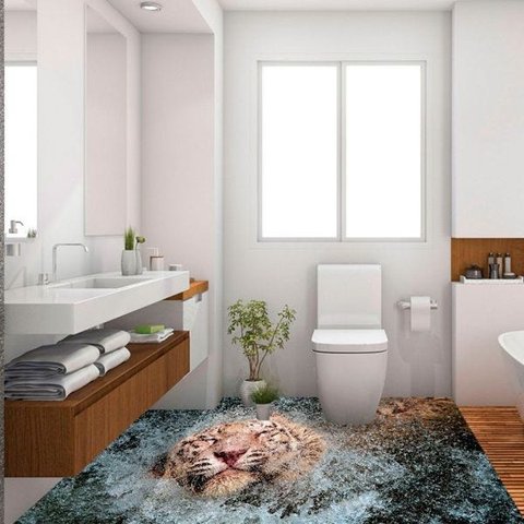 Adesivo de Piso 3D Porcelanato Liquido Tigre na Água