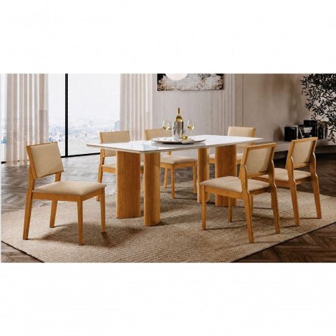 Sala de Jantar Shophie 6 Lugares Tampo em Vidro Courino Bege 180cm Imperial Móveis