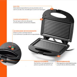 Sanduicheira Elétrica Grill Antiaderente Mini Grill Gourmet 750w Chapa Dupla 2 Porções - 6