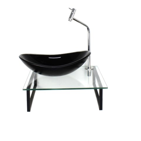 Kit Cuba de Vidro Oval 10mm Preta com Tampo 40cm Incolor e Suporte Preto