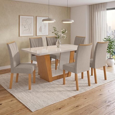 Conjunto Sala de Jantar Mesa Apogeu 1,70m Maxi Tampo com Vidro com 6 Cadeiras Apogeu Suede Animale