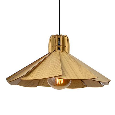 Luminária Pendente Madeira Rustico Prato Aletado Grande Cor:marfim
