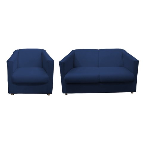 Kit Namoradeira + 1 Poltrona Decorativa Biane Suede Azul Marinho Pés Cromado Ms Decor
