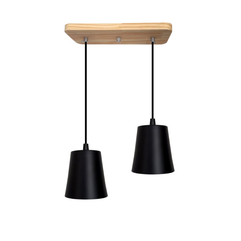 Pendente Luminária de Teto Duplo Cúpula Baldinho Retrô Suporte Madeira Pinus - Soquete E-27 – Abf Lu