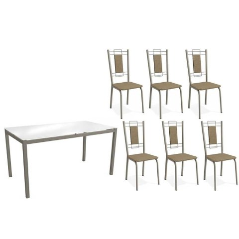 Conjunto: Mesa de Cozinha Reno C/ Tampo de Vidro 150cm e 4 Cadeiras Florença Niquel - Courano