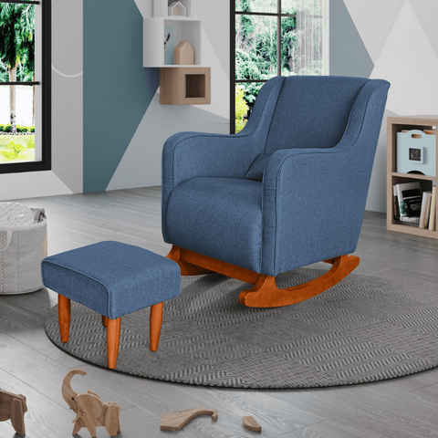 Poltrona Amamentação C / Balanço Cadeira Descanso Aquila com Puff Linho Azul - Twdecora