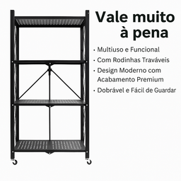 Estante Dobrável com Rodinhas 4 Prateleiras de Metal Preta – Organizador Multiuso Cozinha Sala Banhe - 3