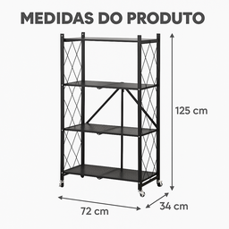 Estante Dobrável com Rodinhas 4 Prateleiras de Metal Preta – Organizador Multiuso Cozinha Sala Banhe - 2